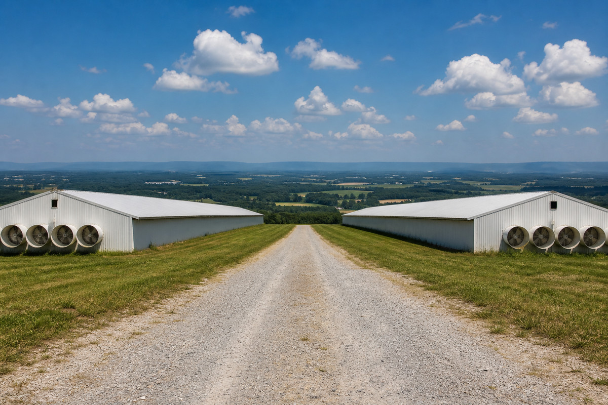Gravel lane running between long poultry houses on Sand Mountain with the Tennessee Valley farmland beyond